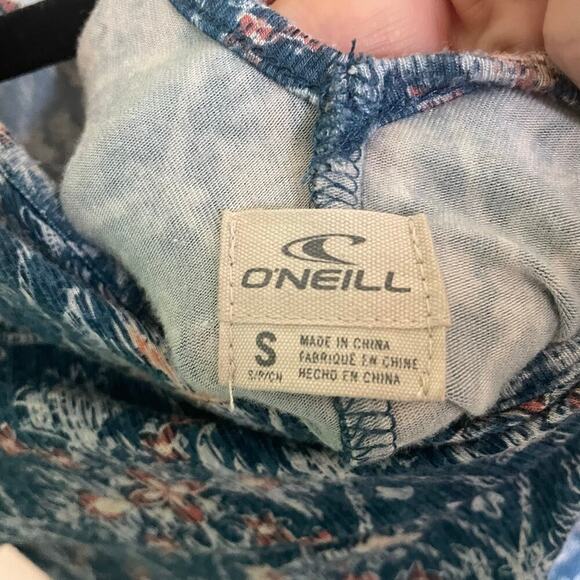 O'Neill Blue Boho Print Mini Dress Bell Sleeves V-Neck Back Viscose Size Small - Picture 2 of 5